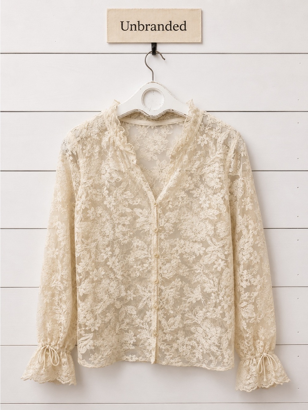 Cream Floral Lace Sheer Blouse Size S